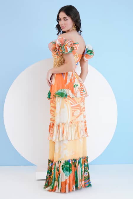 Shop_Mandira Wirk Resort_Green Chiffon Ruffles Sweetheart Neck Tropical Print Tiered Maxi Dress _at_Aza_Fashions