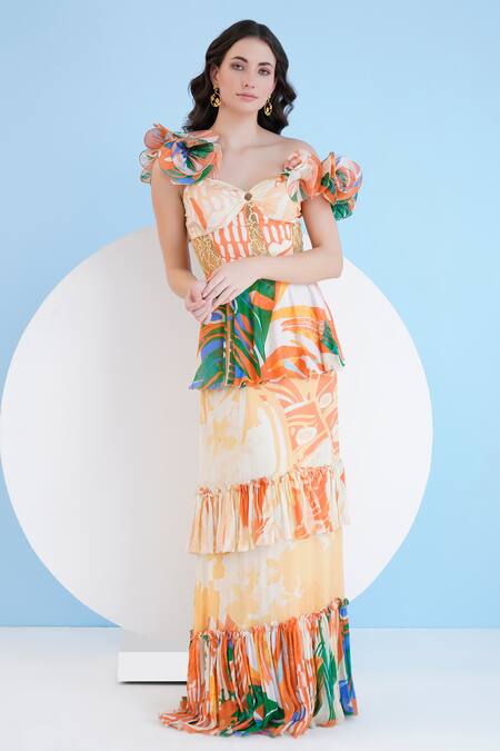 Mandira Wirk Resort_Green Chiffon Ruffles Sweetheart Neck Tropical Print Tiered Maxi Dress _Online_at_Aza_Fashions