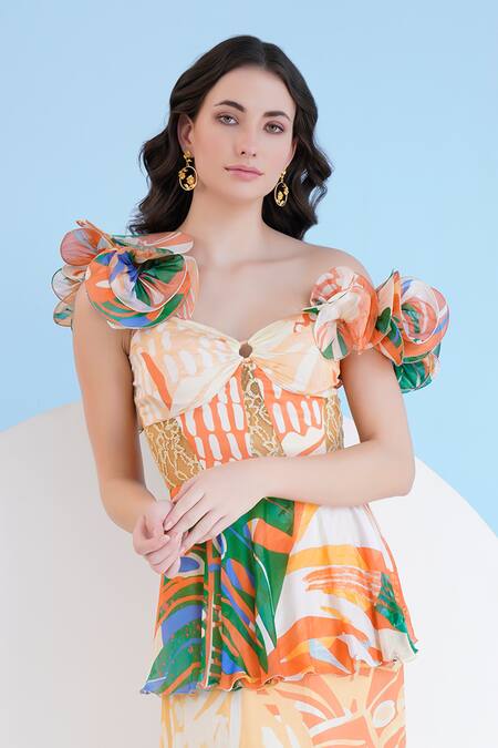 Buy_Mandira Wirk Resort_Green Chiffon Ruffles Sweetheart Neck Tropical Print Tiered Maxi Dress _Online_at_Aza_Fashions