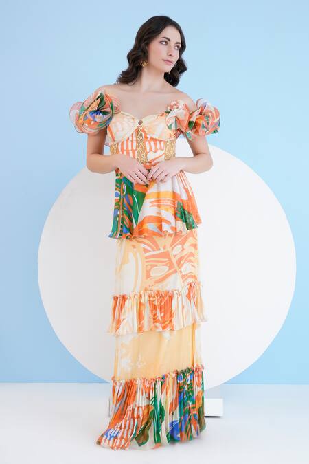 Shop_Mandira Wirk Resort_Green Chiffon Ruffles Sweetheart Neck Tropical Print Tiered Maxi Dress _Online_at_Aza_Fashions