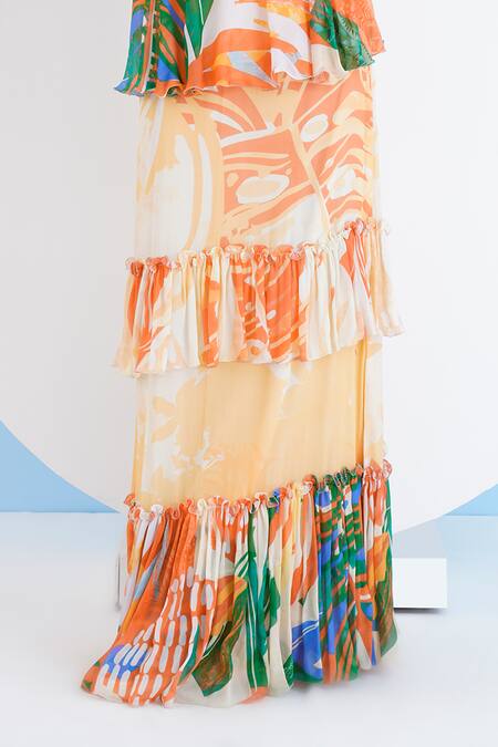 Mandira Wirk Resort_Green Chiffon Ruffles Sweetheart Neck Tropical Print Tiered Maxi Dress _at_Aza_Fashions