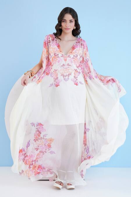 Mandira Wirk Resort Ivory Chiffon Embroidery, Pearls Plunge Neck Embellished Floral Print Kaftan Online at Aza Fashions Mandira Wirk Resort_Ivory Chiffon Embroidery, Pearls Plunge Neck Embellished Floral Print Kaftan _Online_at_Aza_Fashions