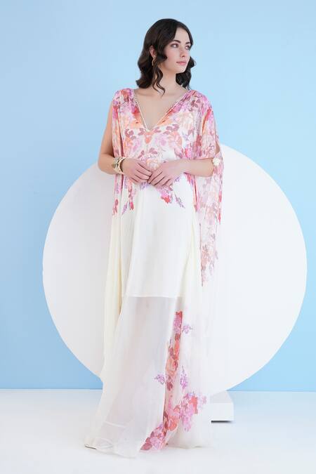 Buy Mandira Wirk Resort Ivory Chiffon Embroidery, Pearls Plunge Neck Embellished Floral Print Kaftan Online at Aza Fashions Buy_Mandira Wirk Resort_Ivory Chiffon Embroidery, Pearls Plunge Neck Embellished Floral Print Kaftan _Online_at_Aza_Fashions