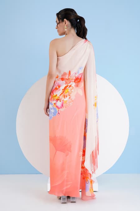 Shop Mandira Wirk Resort Peach Viscose, Crepe Fringe Asymmetric Damsel Floral Print Kaftan at Aza Fashions Shop_Mandira Wirk Resort_Peach Viscose, Crepe Fringe Asymmetric Damsel Floral Print Kaftan _at_Aza_Fashions