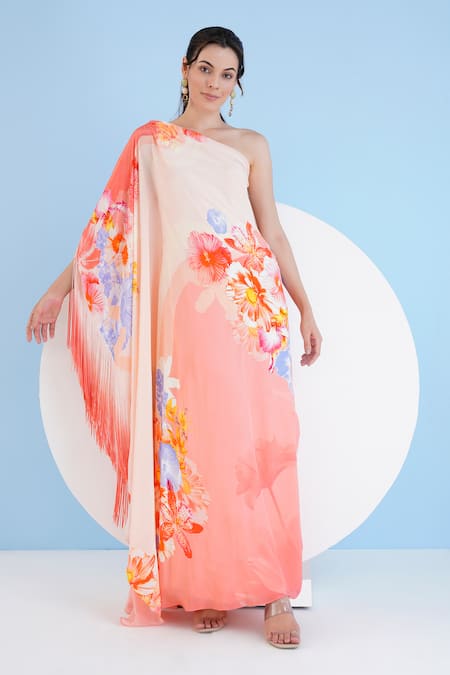 Mandira Wirk Resort Peach Viscose, Crepe Fringe Asymmetric Damsel Floral Print Kaftan Online at Aza Fashions Mandira Wirk Resort_Peach Viscose, Crepe Fringe Asymmetric Damsel Floral Print Kaftan _Online_at_Aza_Fashions
