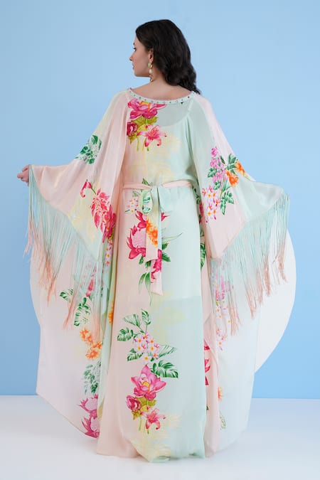 Shop Mandira Wirk Resort Green Viscose Fringe V-neck Tropical Mist Print Kaftan With Belt at Aza Fashions Shop_Mandira Wirk Resort_Green Viscose Fringe V-neck Tropical Mist Print Kaftan With Belt _at_Aza_Fashions