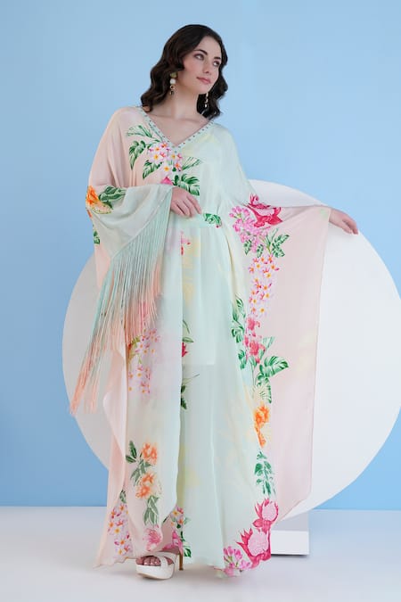 Mandira Wirk Resort Green Viscose Fringe V-neck Tropical Mist Print Kaftan With Belt Online at Aza Fashions Mandira Wirk Resort_Green Viscose Fringe V-neck Tropical Mist Print Kaftan With Belt _Online_at_Aza_Fashions