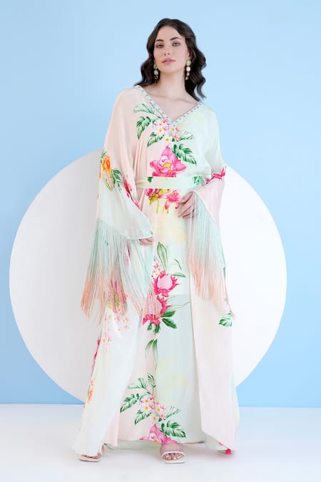 Buy Mandira Wirk Resort Green Viscose Fringe V-neck Tropical Mist Print Kaftan With Belt Online at Aza Fashions Buy_Mandira Wirk Resort_Green Viscose Fringe V-neck Tropical Mist Print Kaftan With Belt _Online_at_Aza_Fashions