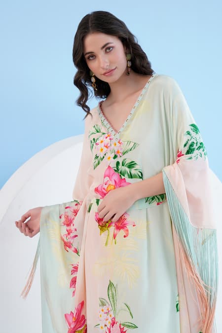 Shop Mandira Wirk Resort Green Viscose Fringe V-neck Tropical Mist Print Kaftan With Belt Online at Aza Fashions Shop_Mandira Wirk Resort_Green Viscose Fringe V-neck Tropical Mist Print Kaftan With Belt _Online_at_Aza_Fashions
