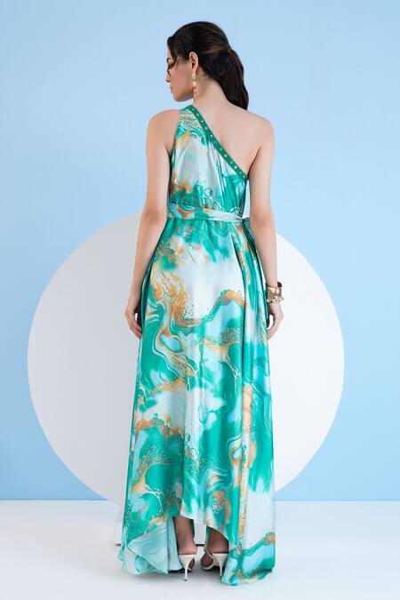 Shop Mandira Wirk Resort Green Satin Studs Trippy Romance One Shoulder Printed Kaftan With Belt at Aza Fashions Shop_Mandira Wirk Resort_Green Satin Studs Trippy Romance One Shoulder Printed Kaftan With Belt _at_Aza_Fashions