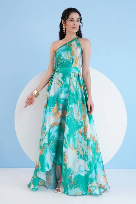 Mandira Wirk Resort Green Satin Studs Trippy Romance One Shoulder Printed Kaftan With Belt Online at Aza Fashions Mandira Wirk Resort_Green Satin Studs Trippy Romance One Shoulder Printed Kaftan With Belt _Online_at_Aza_Fashions