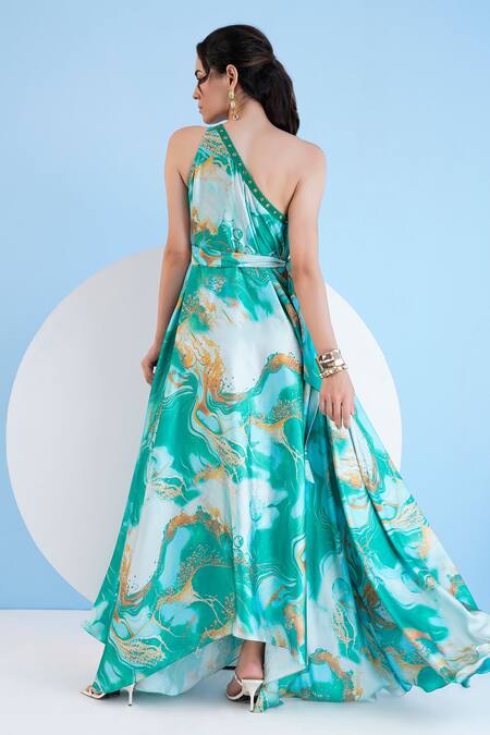 Shop Mandira Wirk Resort Green Satin Studs Trippy Romance One Shoulder Printed Kaftan With Belt Online at Aza Fashions Shop_Mandira Wirk Resort_Green Satin Studs Trippy Romance One Shoulder Printed Kaftan With Belt _Online_at_Aza_Fashions