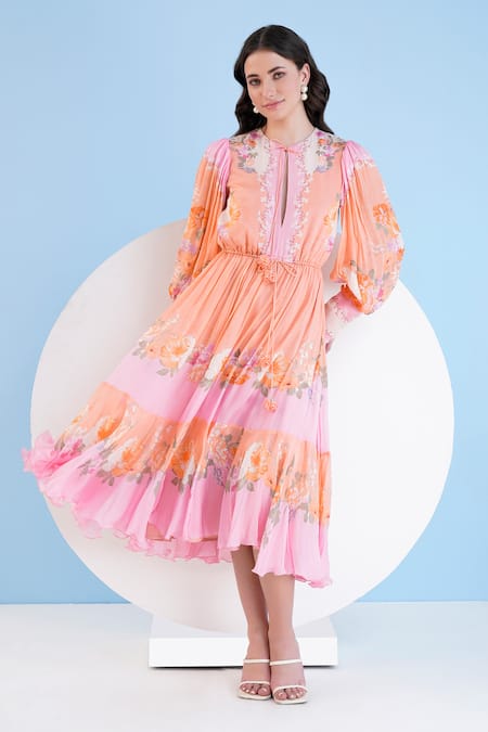 Mandira Wirk_Orange Chiffon Embroidery Keyhole Neck Corsage Floral Print Dress _Online_at_Aza_Fashions