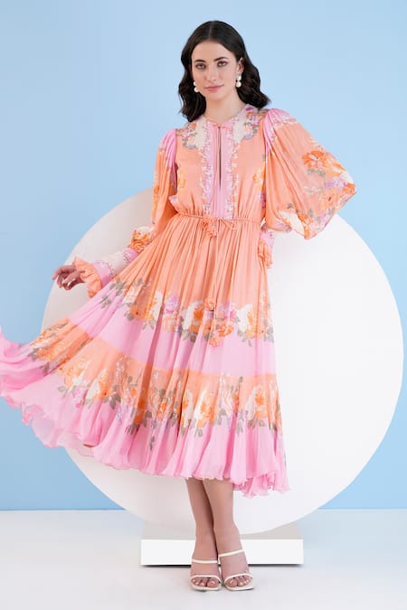 Buy_Mandira Wirk_Orange Chiffon Embroidery Keyhole Neck Corsage Floral Print Dress _Online_at_Aza_Fashions