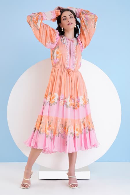 Shop_Mandira Wirk_Orange Chiffon Embroidery Keyhole Neck Corsage Floral Print Dress _Online_at_Aza_Fashions