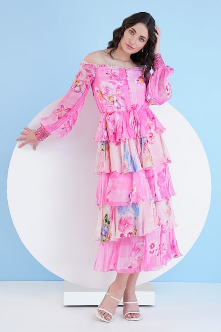 Shop_Mandira Wirk Resort_Pink Chiffon Off-shoulder Floral Off Midi Dress _at_Aza_Fashions