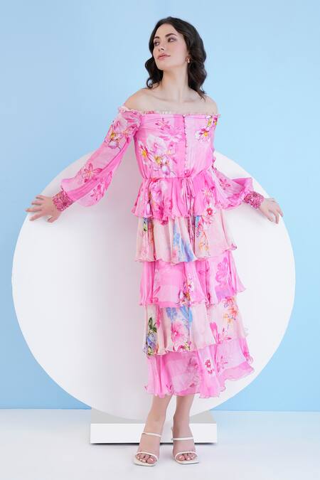 Mandira Wirk Resort_Pink Chiffon Off-shoulder Floral Off Midi Dress _Online_at_Aza_Fashions