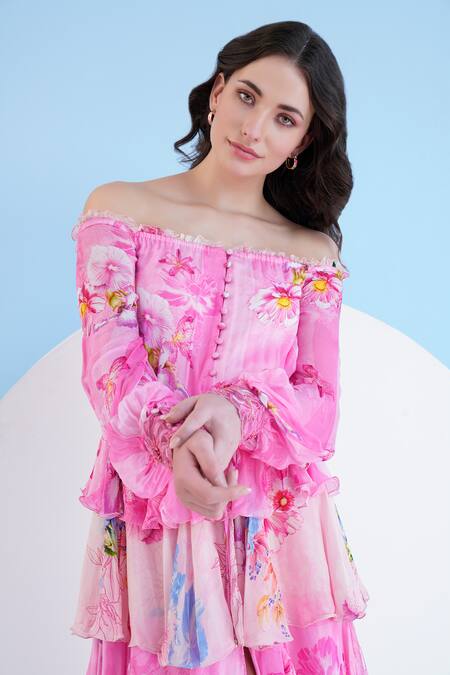 Buy_Mandira Wirk Resort_Pink Chiffon Off-shoulder Floral Off Midi Dress _Online_at_Aza_Fashions