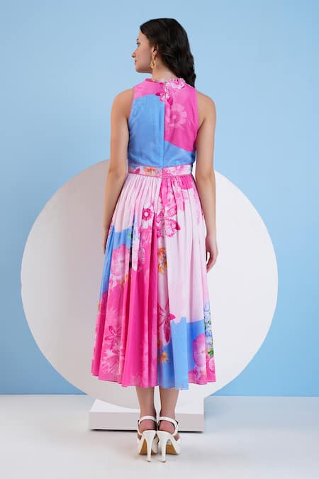 Shop_Mandira Wirk Resort_Blue Cotton Embroidery V-neck Pastoral Floral Print Dress _at_Aza_Fashions