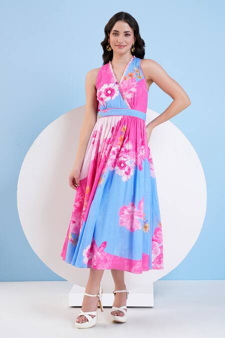 Mandira Wirk Resort_Blue Cotton Embroidery V-neck Pastoral Floral Print Dress _Online_at_Aza_Fashions