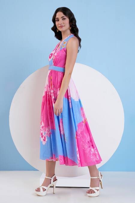 Buy_Mandira Wirk Resort_Blue Cotton Embroidery V-neck Pastoral Floral Print Dress _Online_at_Aza_Fashions