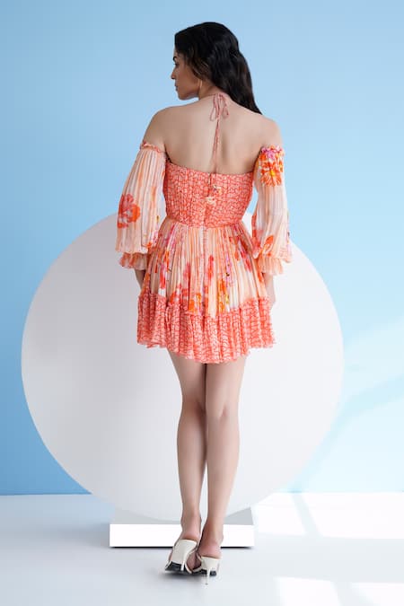 Shop Mandira Wirk Resort Orange Chiffon Halter Neck Pastoral Mist And Mushroom Printed Dress at Aza Fashions Shop_Mandira Wirk Resort_Orange Chiffon Halter Neck Pastoral Mist And Mushroom Printed Dress _at_Aza_Fashions