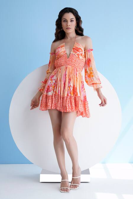 Shop Mandira Wirk Resort Orange Chiffon Halter Neck Pastoral Mist And Mushroom Printed Dress Online at Aza Fashions Shop_Mandira Wirk Resort_Orange Chiffon Halter Neck Pastoral Mist And Mushroom Printed Dress _Online_at_Aza_Fashions