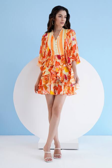 Mandira Wirk Resort_Orange Chiffon Ruffles V-neck Orchid Print Dress _Online_at_Aza_Fashions