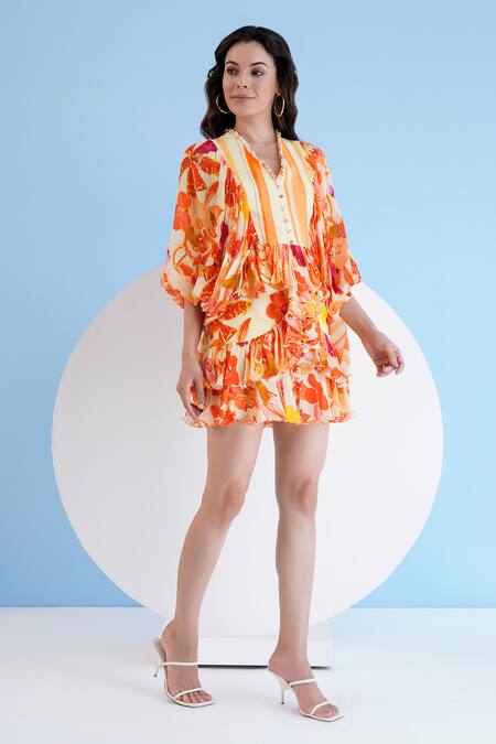 Buy_Mandira Wirk Resort_Orange Chiffon Ruffles V-neck Orchid Print Dress _Online_at_Aza_Fashions