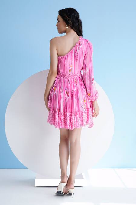 Shop_Mandira Wirk Resort_Pink Chiffon Ruffles Asymmetric Pastoral Mist One Shoulder Printed Dress _at_Aza_Fashions