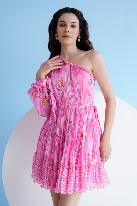 Shop_Mandira Wirk Resort_Pink Chiffon Ruffles Asymmetric Pastoral Mist One Shoulder Printed Dress _Online_at_Aza_Fashions