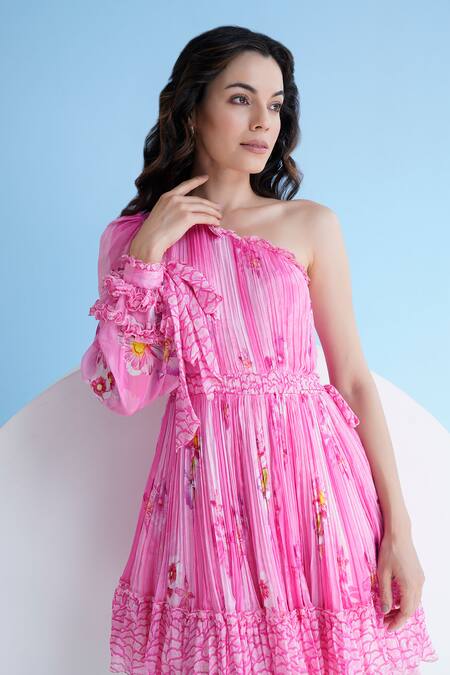 Mandira Wirk Resort_Pink Chiffon Ruffles Asymmetric Pastoral Mist One Shoulder Printed Dress _at_Aza_Fashions