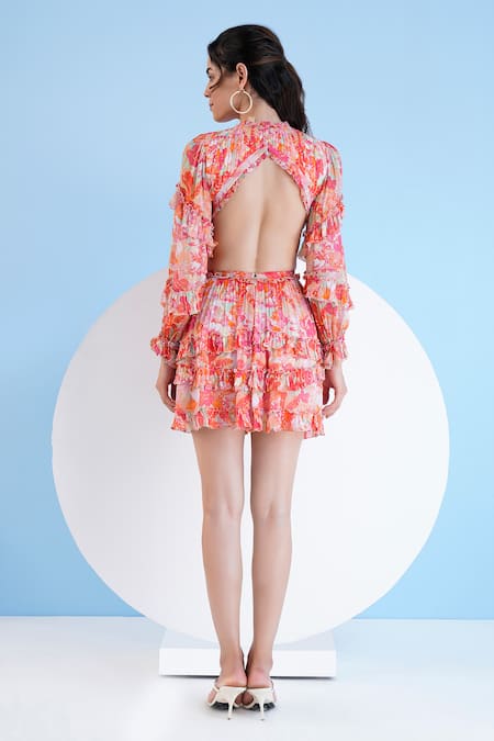 Shop_Mandira Wirk Resort_Multi Color Chiffon Fringe High Neck Orchid Print Tiered Dress _at_Aza_Fashions