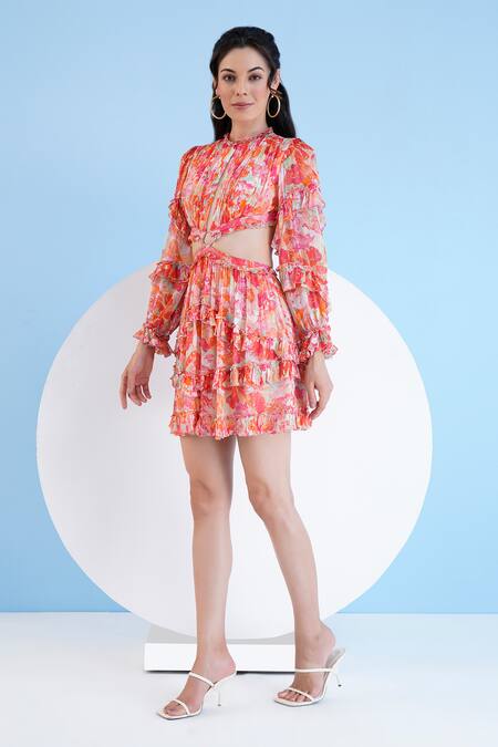 Mandira Wirk Resort_Multi Color Chiffon Fringe High Neck Orchid Print Tiered Dress _Online_at_Aza_Fashions
