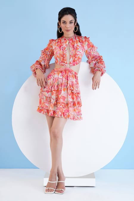 Buy_Mandira Wirk Resort_Multi Color Chiffon Fringe High Neck Orchid Print Tiered Dress _Online_at_Aza_Fashions