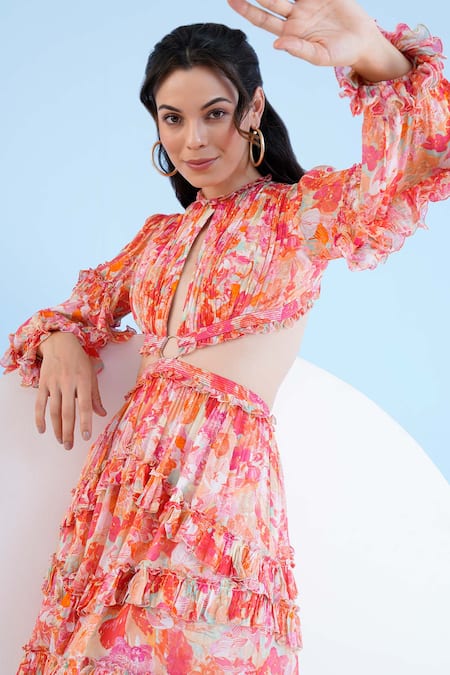 Shop_Mandira Wirk Resort_Multi Color Chiffon Fringe High Neck Orchid Print Tiered Dress _Online_at_Aza_Fashions
