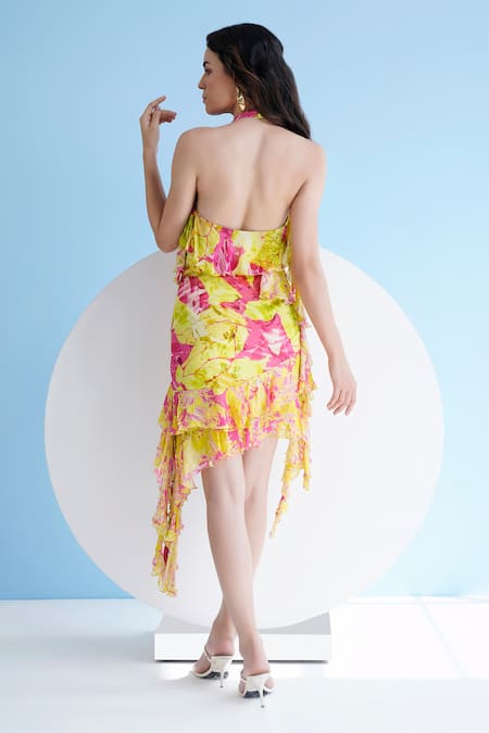 Shop_Mandira Wirk Resort_Green Chiffon Ruffles Halter Neck Floral Print Dress _at_Aza_Fashions