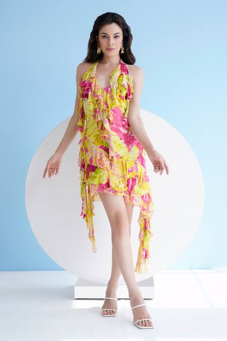 Buy_Mandira Wirk Resort_Green Chiffon Ruffles Halter Neck Floral Print Dress _Online_at_Aza_Fashions