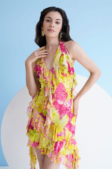 Shop_Mandira Wirk Resort_Green Chiffon Ruffles Halter Neck Floral Print Dress _Online_at_Aza_Fashions