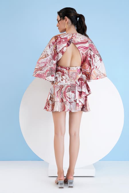 Shop Mandira Wirk Resort Red Satin V-neck Abstract Print Wrap Dress at Aza Fashions Shop_Mandira Wirk Resort_Red Satin V-neck Abstract Print Wrap Dress _at_Aza_Fashions