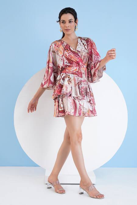 Mandira Wirk Resort Red Satin V-neck Abstract Print Wrap Dress Online at Aza Fashions Mandira Wirk Resort_Red Satin V-neck Abstract Print Wrap Dress _Online_at_Aza_Fashions