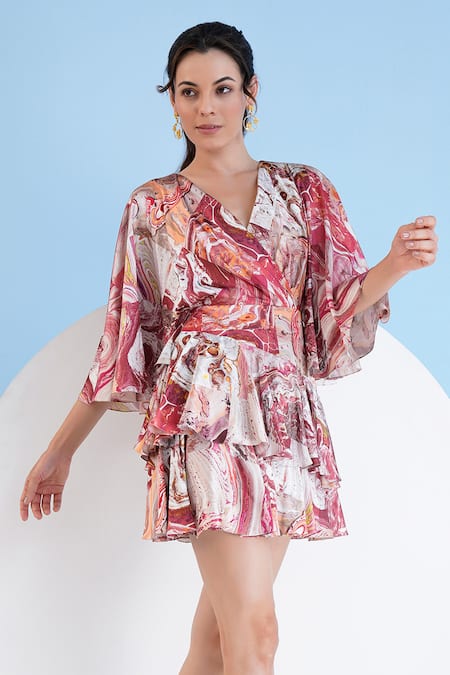 Buy Mandira Wirk Resort Red Satin V-neck Abstract Print Wrap Dress Online at Aza Fashions Buy_Mandira Wirk Resort_Red Satin V-neck Abstract Print Wrap Dress _Online_at_Aza_Fashions