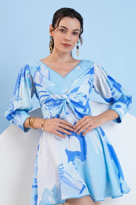 Shop Mandira Wirk Resort Blue Cotton, Linen Lace V-neck Abstract Printed Dress Online at Aza Fashions Shop_Mandira Wirk Resort_Blue Cotton, Linen Lace V-neck Abstract Printed Dress _Online_at_Aza_Fashions