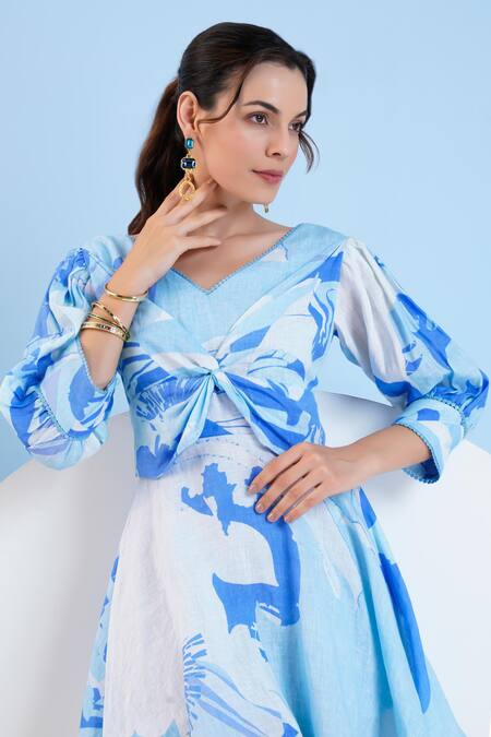 Mandira Wirk Resort Blue Cotton, Linen Lace V-neck Abstract Printed Dress at Aza Fashions Mandira Wirk Resort_Blue Cotton, Linen Lace V-neck Abstract Printed Dress _at_Aza_Fashions