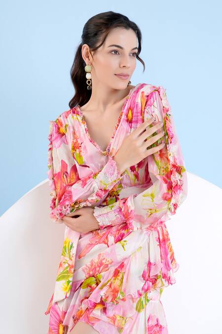Shop_Mandira Wirk Resort_Pink Chiffon V-neck Floral Printed Frill Dress _Online_at_Aza_Fashions