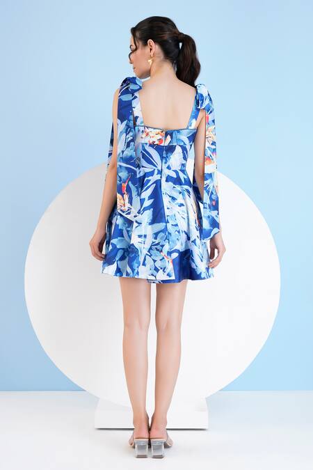 Shop Mandira Wirk Resort Blue Satin Lace Square Neck Botanical Foliage Print Dress at Aza Fashions Shop_Mandira Wirk Resort_Blue Satin Lace Square Neck Botanical Foliage Print Dress _at_Aza_Fashions