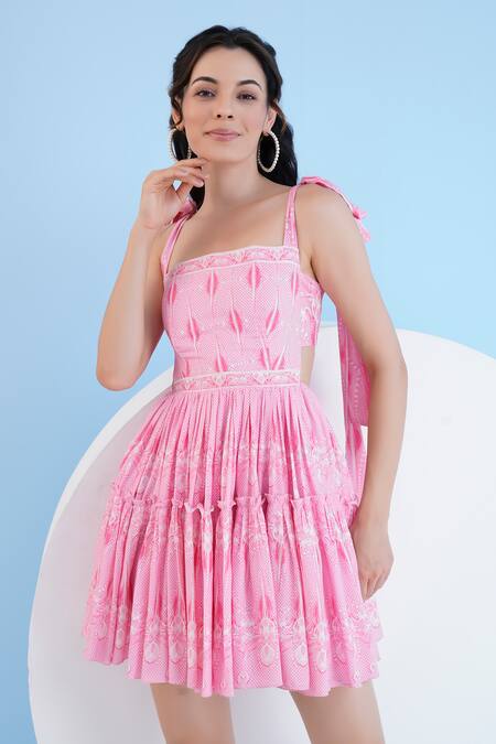 Shop Mandira Wirk Resort Pink Cotton Square Neck Ice Fly Gathered Printed Short Dress Online at Aza Fashions Shop_Mandira Wirk Resort_Pink Cotton Square Neck Ice Fly Gathered Printed Short Dress _Online_at_Aza_Fashions