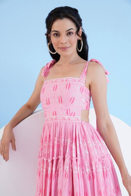 Mandira Wirk Resort Pink Cotton Square Neck Ice Fly Gathered Printed Short Dress at Aza Fashions Mandira Wirk Resort_Pink Cotton Square Neck Ice Fly Gathered Printed Short Dress _at_Aza_Fashions