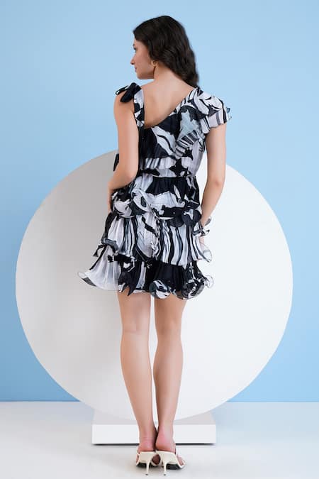 Shop Mandira Wirk Resort Black Chiffon Asymmetric Sea Serpent Geometric Print Tiered Dress at Aza Fashions Shop_Mandira Wirk Resort_Black Chiffon Asymmetric Sea Serpent Geometric Print Tiered Dress _at_Aza_Fashions