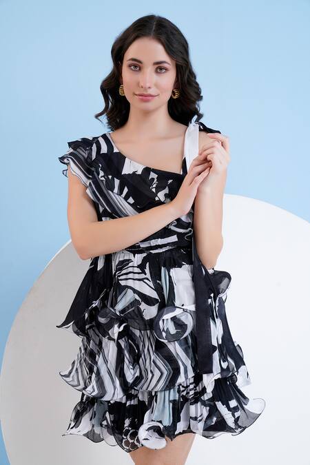 Mandira Wirk Resort Black Chiffon Asymmetric Sea Serpent Geometric Print Tiered Dress at Aza Fashions Mandira Wirk Resort_Black Chiffon Asymmetric Sea Serpent Geometric Print Tiered Dress _at_Aza_Fashions